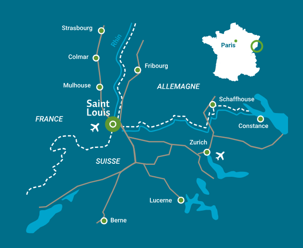 Plan d'accès au centre de formation MK Rescue situé à Blotzheim, près de Saint-Louis et de l'aéroport de Bâle-Mulhouse.