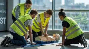 Participants réalisant un exercice pratique sur mannequin lors d'une formation de secourisme organisée par MK Rescue.